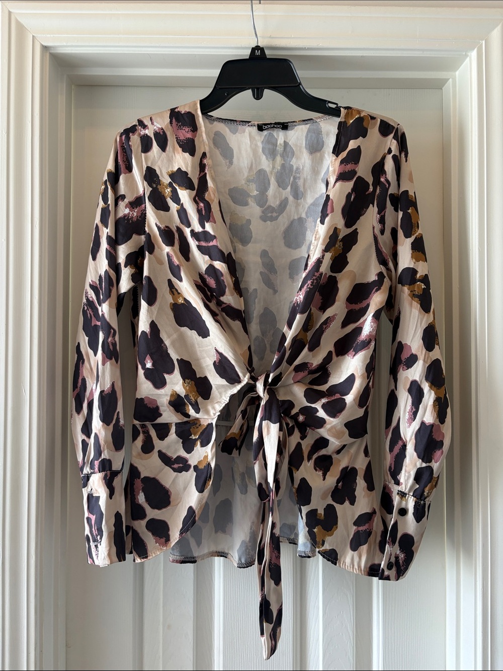 Tie-Front Leopard Satin Blouse - Neutral & Black Print Medium